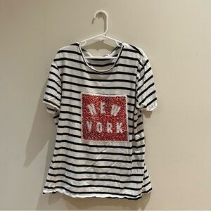 Zara Trafaluc Black and White Striped Tee with Sequin Graphic New York Paris